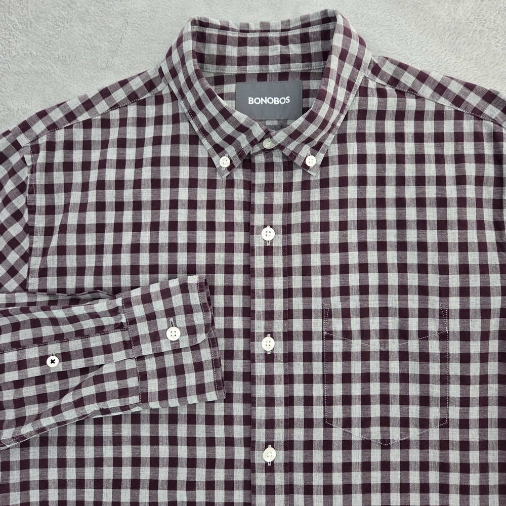 Bonobos Slim Fit Poplin Button Down Shirt Mens S Check Burgundy Grey Long Sleeve